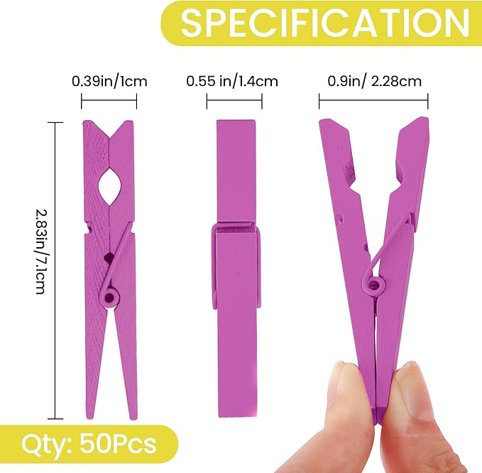 50PCS Colored Wooden Clothespins, 2.9inch Hot Pink Clothes Pins for Clip Pictures Photos Decorative, Small Colorful Wood Decoration Closepins Clips