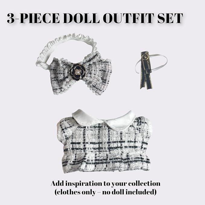 Clothes for 17cm Doll(Clothes Only)– 3-Piece Set Cute Elegant Outfit + Bow Headband + Collar Decoration for a Unique Dressed-Up Look– Fashion Handmade Accessories for Doll(White)
