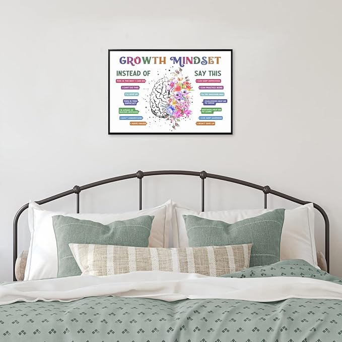 CEHNSENHUI Classroom Growth Mindset Affirmations for Kids Mental Health Posters Brain Poster Psychology Special Education Calm Corner Wall Art Office Therapy Canvas Wall Decor 24x36in BlackFramed