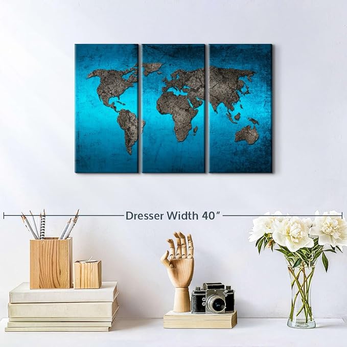 ElephantStock Ocean World Map Multi Piece Canvas - 3 Panel Wall Decor - Map of the World Art - Canvas for the Office and Home - 23" X 14"