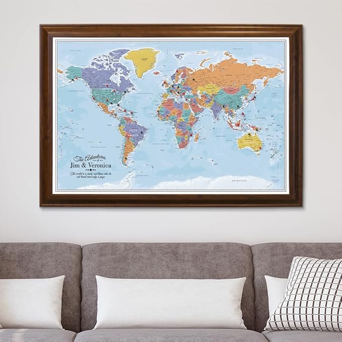 Canvas - Personalized Blue Oceans World Push Pin Travel Map with Brown Frame