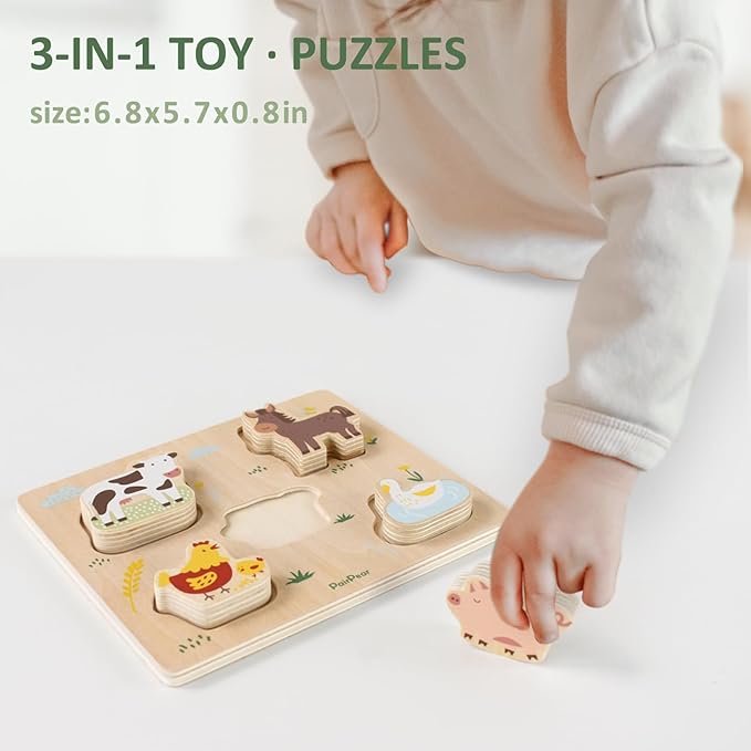 PairPear 3-in-1 Montessori Wooden Toy Set, Shape Sorter Cube, Stacking Tree & Farm Animal Puzzle, Natural Learning Toys for Toddlers 12M+