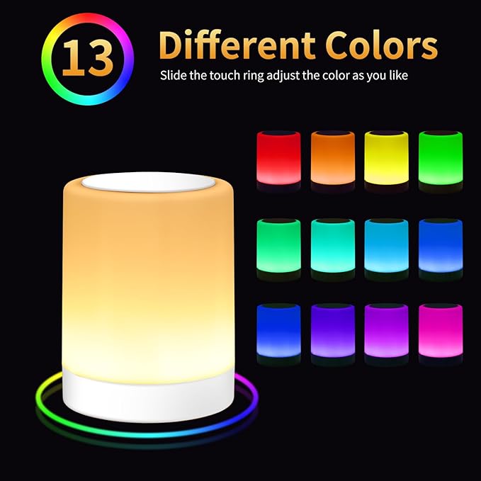 OORUN Touch Bedside Table Lamp,13 RGB Colors & 5 Brightness, USB Rechargeable Desk Lamp, Remote Control Dimmable Light with RGB Color Changing,Portable Lamp for Baby (White)
