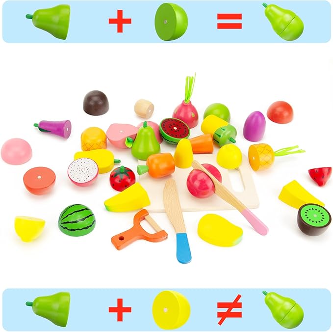 Wooden Play Food Sets for Kids Kitchen - Cutting Fruits and Veggies Toddler Toys Pretend Food Play Kitchen Accessories Montessori Educational Toys Gifts for Kids Boys Girls 3+