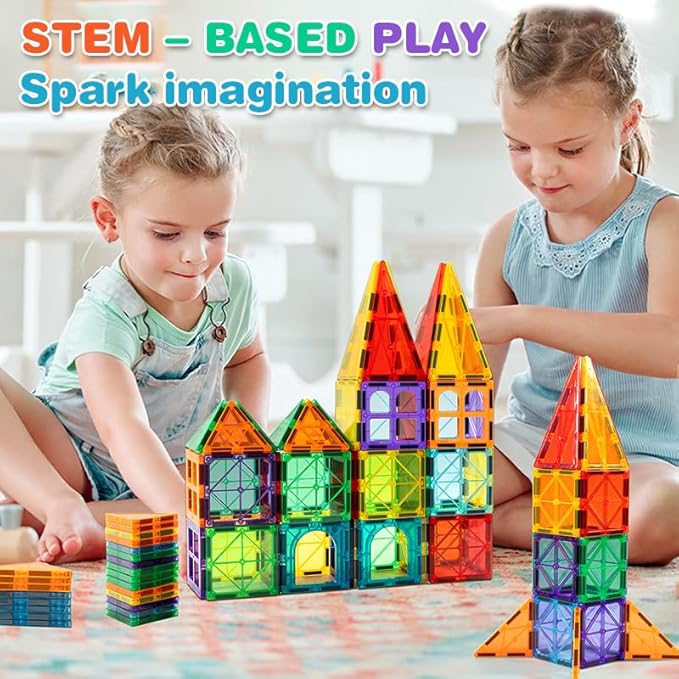 Magnetic Tiles, 135PCS Magnetic Building Blocks with 2 Cars, Large Magnet Building Set,STEM Sensory Educational Toys Gift for Toddlers Kids Boys Girls.