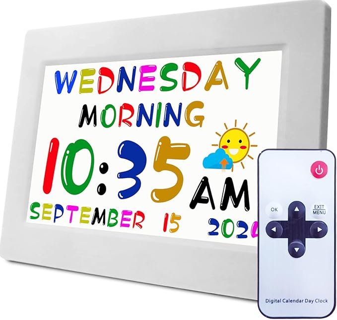 Véfaîî Digital Teaching Clock Talking Time, 24 Alarms Custom Reminders, Checklist to-Do List, Auto DST & Calendar Display, Sleep Trainer, Easy to Use for Kids Birthday Gift- White with Remote