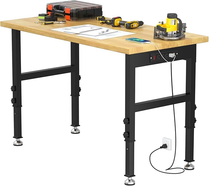 48" Adjustable Workbench for Garage, Solid Wood Top Work Bench for Garage, 2000 LBS Heavy-Duty Worktable with Power Outlets, Portable Work Station for Repair Shop, Workshop, Office