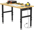 48" Adjustable Workbench for Garage, Solid Wood Top Work Bench for Garage, 2000 LBS Heavy-Duty Worktable with Power Outlets, Portable Work Station for Repair Shop, Workshop, Office