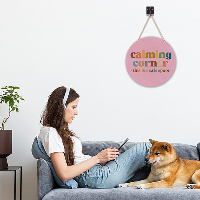 Calming Corner Hanging Wood Sign - Safe Space, Classroom Decor, School Counselor Office, Calm Down Corner Decorations, Boho Style, 10x8 Round Pink