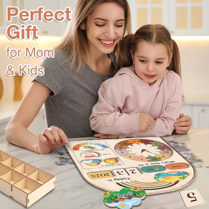 Interactive Calendar for Kids Ages 3+, Wooden Toddler Calendar, Teaching Seasons, Years, Months, Days of Week, Daily Activity Calendars for Kid Preschool & Homeschool (04 - Rainbow)