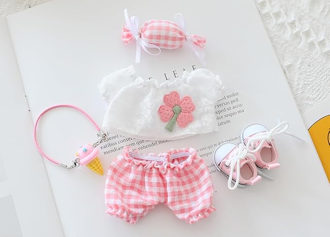 Clothes for Labubu Doll,Clothes for Dolls Accessories,Four-Leaf Clover Candy Summer Replacement Outfit Set 5 Pieces Suitable for Labubu 15&17cm ,Adorable Dress-Up Accessories for Doll (Pink)