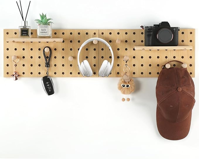 Beige Wood Pegboard Modular Display Wooden Pegboard Combination Wall Organizer Storage Wall Hooks Shelf for Home, Office, Bathroom, Comes with 2 Pieces Pegboards