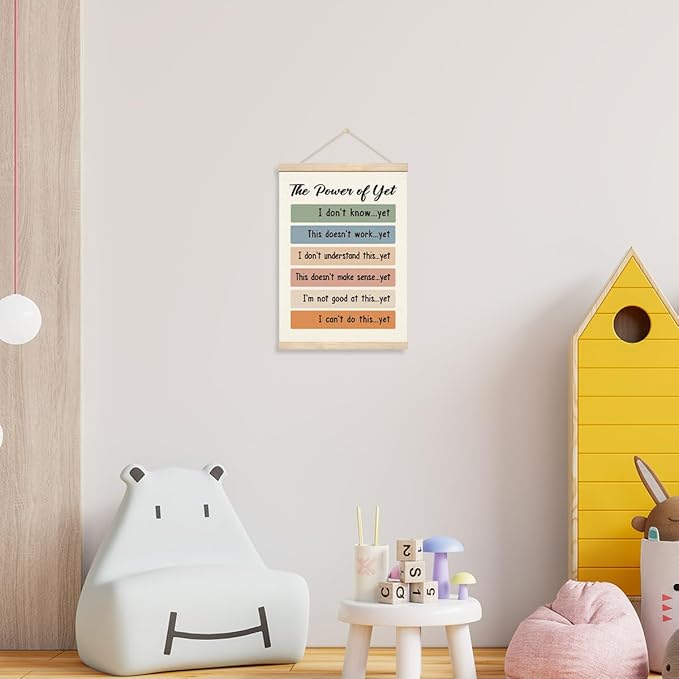 Inspirational Wall Decors - The Power of Yet, Therapy Office Decor, Growth Mindset Mental Health Poster, Canvas Wood Hanger for Wall, School Counselor Office Decor
