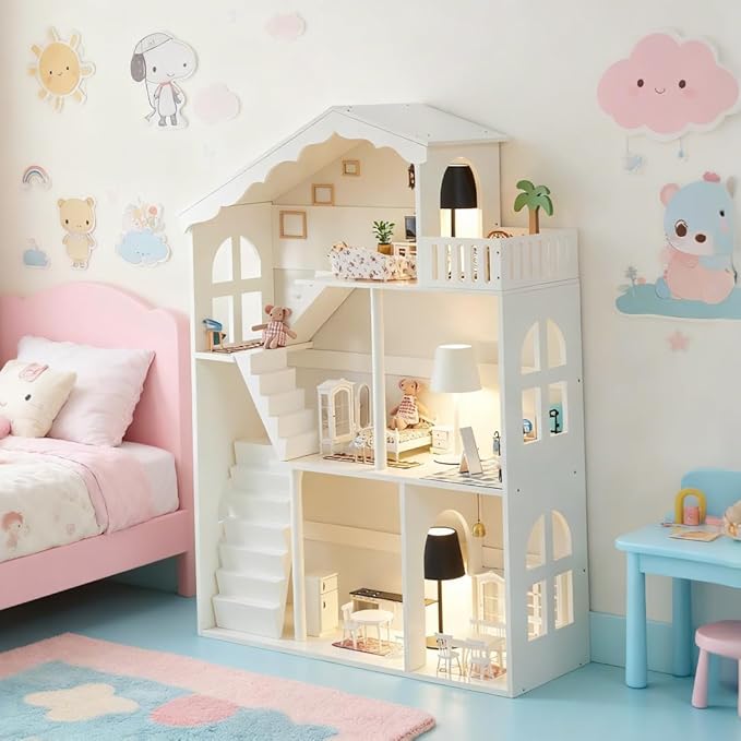 Wooden Dollhouse Bookshelf 3-Tier Doll House Bookcase Kids Books Toys Dolls Storage Organizer Shelves for Children's Bedroom Playroom Kindergarten Nursery Gift for Boys Girls Ages 3-8 Years Old