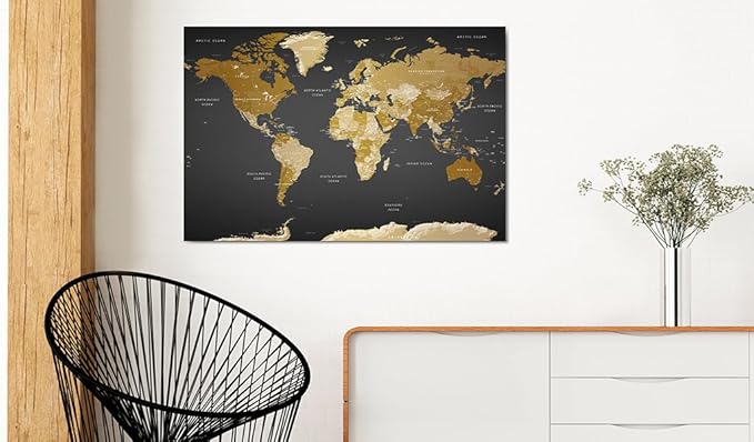artgeist Pinboard World Map 35x24 in - Cork Board & Canvas Print Wall Art 1 pcs Memoboard with 50 Pins Noticeboard Message Board Image Picture Home Decor Travel Map Map of The World k-A-0104-p-c