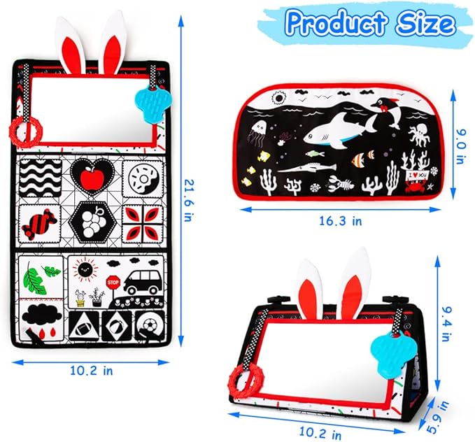 Tummy Time/Baby Mirror Toys, Black and White High Contrast Tabletop Mount Baby Newborn Toys 0 3 6 Months Brain Development, Sensory Texture Piano Infant Toys 0 3 6 Months with Squeaker