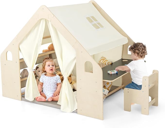 Costzon Large Kids Tent, 6-in-1 Wooden Frame Play House with Table and Chair Set, Blackboard, 6 Storage Bins & Soft Floor Mat, Indoor Playhouse for Boys Girls Aged 2-6 Years Old