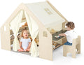 Costzon Large Kids Tent, 6-in-1 Wooden Frame Play House with Table and Chair Set, Blackboard, 6 Storage Bins & Soft Floor Mat, Indoor Playhouse for Boys Girls Aged 2-6 Years Old