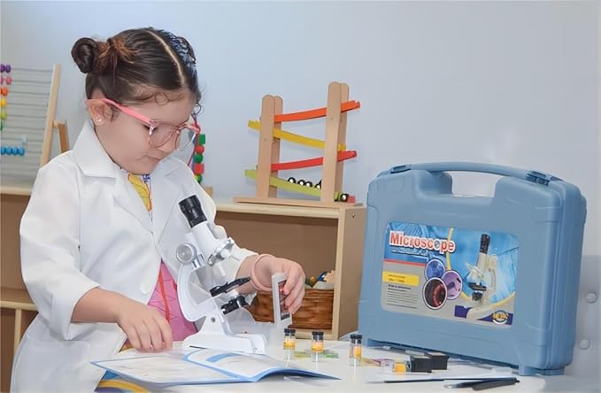Kids Beginner Microscope Science Kit with 100X-1200X, 13 Prepared Slides & DIY Blank Slides, 18MM HD Len, LED Light Adjustable and ABS Box, Microscope for Kids 5-7 8-12