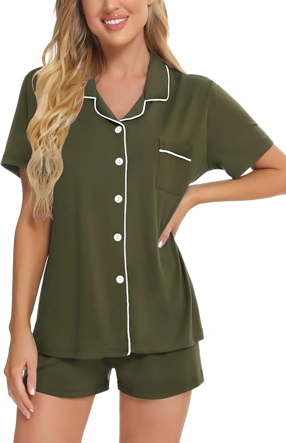SWOMOG Womens Button Down Pajamas Set Short Sleeve Sleepwear Bride Soft Pj Lounge Sets XS-3XL