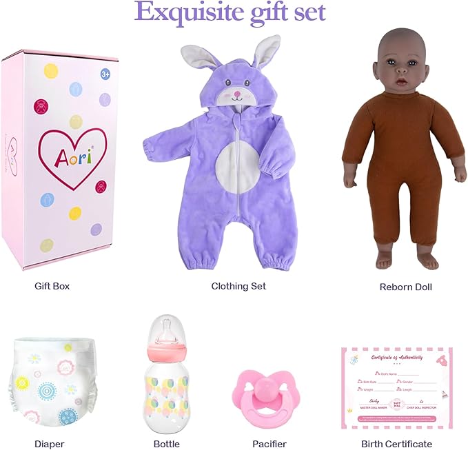 Aori Black Baby Dolls Realistic,17-inch Lifelike Soft Body Baby Girl That Look Real with Feeding Kit Included, Ideal Gift for Kids, Birthday, Pretend Play