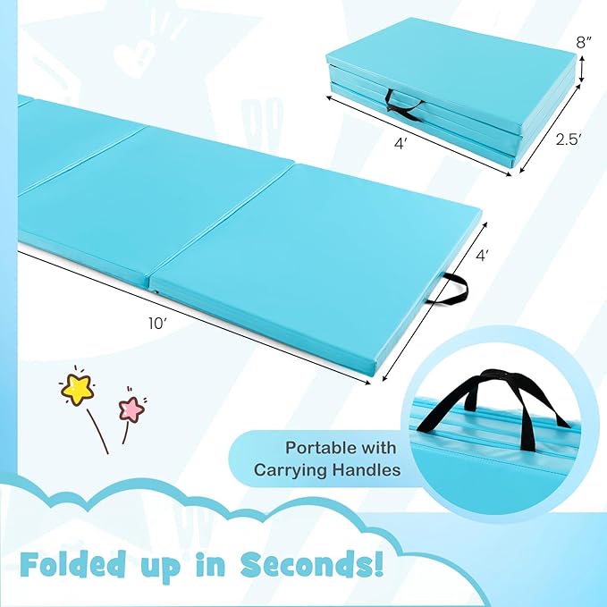 Giantex 4'x10'x 2" Gymnastics Mat, 4-Panel Folding Aerobics Exercise Mat w/Hook & Loop Fastener, Carrying Handle, Portable Tumbling Mat for Stretching Yoga Cheerleading Martial Arts