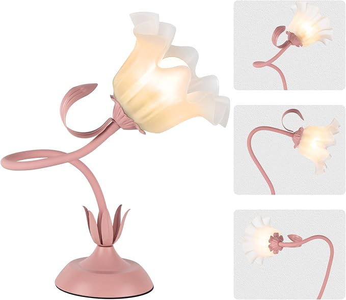 Cute Flower Desk Lamp, 3 Color Temperature Table Lamps with LED Bulb, Vintage Bedside Lamp, Reading Lamps with Soft Light for Bedroom, Living Room（Pink）