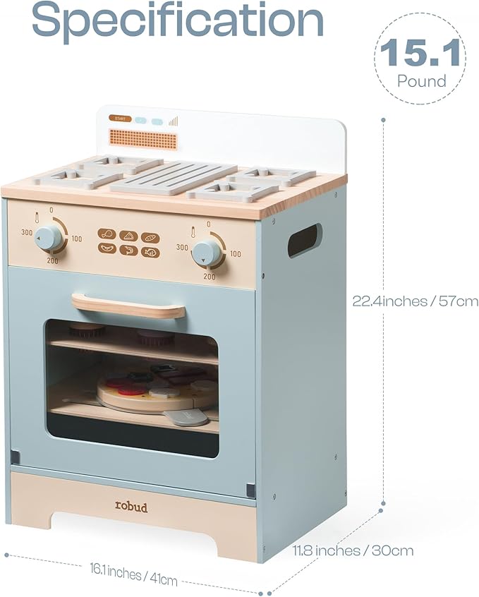 ROBUD Wooden Kids Oven, Realistic Wooden Play Kitchen Set, Pretend Play Kitchen Accessories Toy Kitchen Set for Kids with Cupcakes, Pizza, Tray – Best Gift for Boys & Girls