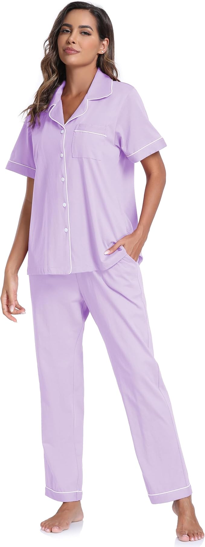 CF Womens 100% Cotton Pajamas Set Button Down Pjs Sets Short Sleeve Top & Long Pants Sleepwear Comfy Loungewear with Pockets