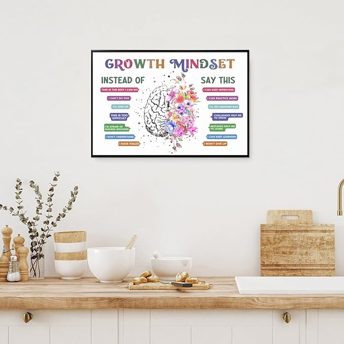 CEHNSENHUI Classroom Growth Mindset Affirmations for Kids Mental Health Posters Brain Poster Psychology Special Education Calm Corner Wall Art Office Therapy Canvas Wall Decor 24x36in BlackFramed