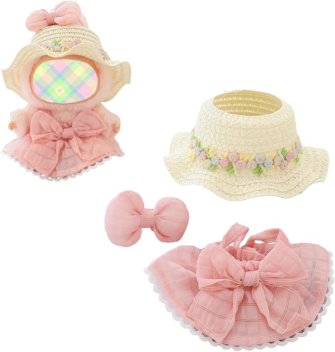Clothes for Dolls Accessories (No Doll), Kawaii Hat Skirt Outfit Set 3 Pieces for 15cm 17cm Doll Suit, Stylish Bowknot Dolls Hat Clothing Set Replacement Pink