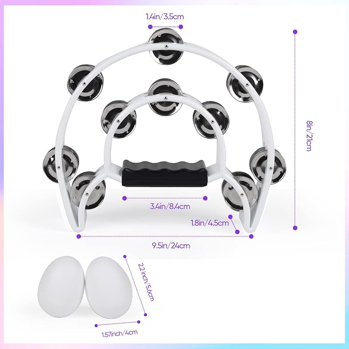 Tambourine Musical Instrument for Adults Church - 10 Inch Half Moon Tambourines with Egg Shakers Double Row Metal Jingles Handheld Percussion Instruments for Dance Party Events KTV (White)