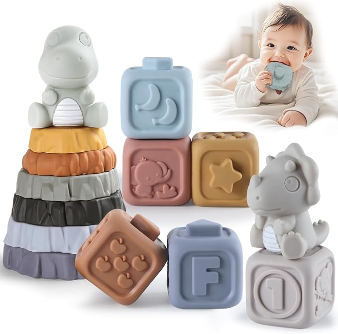 Stacking Rings & Nesting Building Blocks for Babies 6 12 18 Months, 14 Pcs Soft Stacker Teething Toys with 2 Dinosaur, Montessori Learning Toys for Infant Toddler Boys Girls