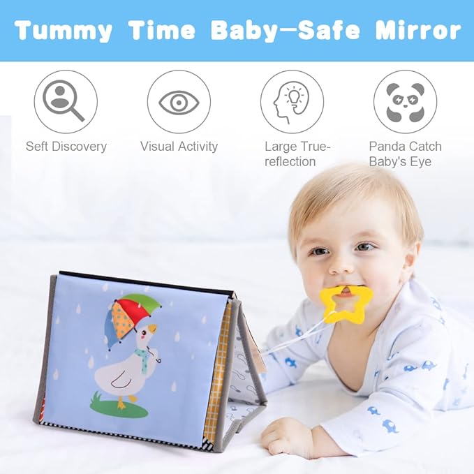 Tummy Time Mirror Baby Toys, High Contrast Crinkle Cloth Book with Teether for 0 3 6 Months Babies Boys Girls, Montessori Newborn Sensory Toys Activity Book for Shower Gifts