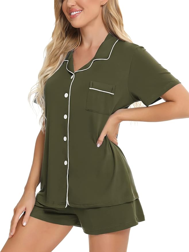 SWOMOG Womens Button Down Pajamas Set Short Sleeve Sleepwear Bride Soft Pj Lounge Sets XS-3XL