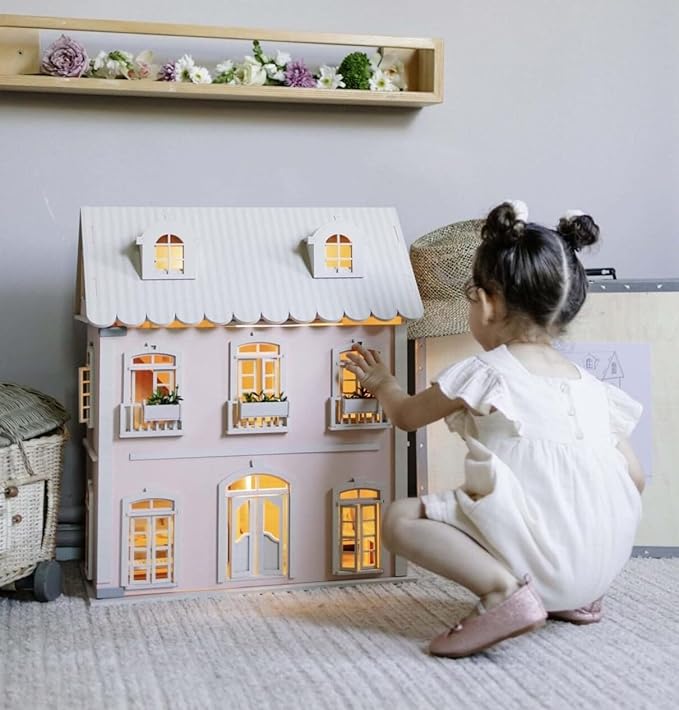 Wooden Dollhouse - 55+ Pieces Furniture and Accessories - Large 3-Story Wooden Doll House with Modern Decor