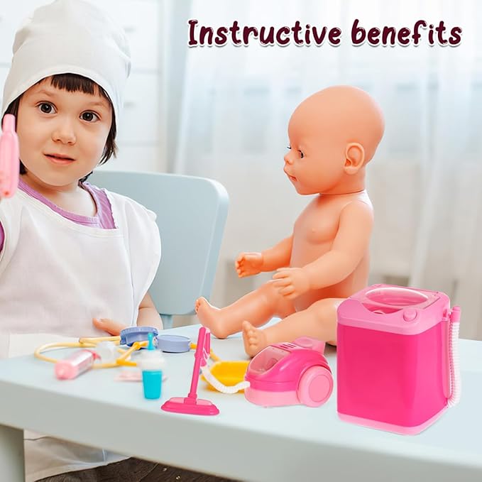 Toyvian Mini Kitchen Set with Realistic Working Toy Vacuum Cleaner and Washing Machine Kids Cleaning Toys for Pretend Play Ages 3-6
