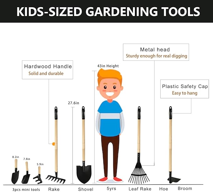 Kids Garden Tools, Rake and Shovel Set, 7 Pieces Gardening Tools for Yard, Beach, Camping Play, Outside Toys for Kids Ages 3 up Gift