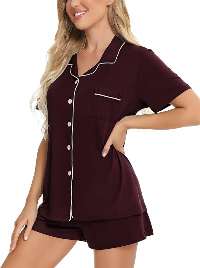 SWOMOG Womens Button Down Pajamas Set Short Sleeve Sleepwear Bride Soft Pj Lounge Sets XS-3XL