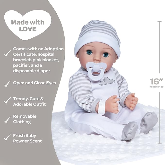 Adora Adoption Babies Collection, 16” Baby Doll with Complete 9-Piece Accessories Includes: Pacifier, Hospital Bracelet, Diaper and More! Birthday Gift for Ages 3+ - Baby Beloved