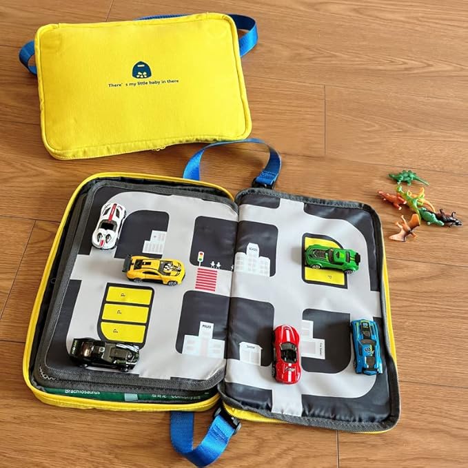 Portable Kids Play Case with Toy Cars, Dinosaur Design, Building Base Plate, and City Road Map, Educational Travel Activity Set Travel Toys Birthday gift for kids aged 3-6