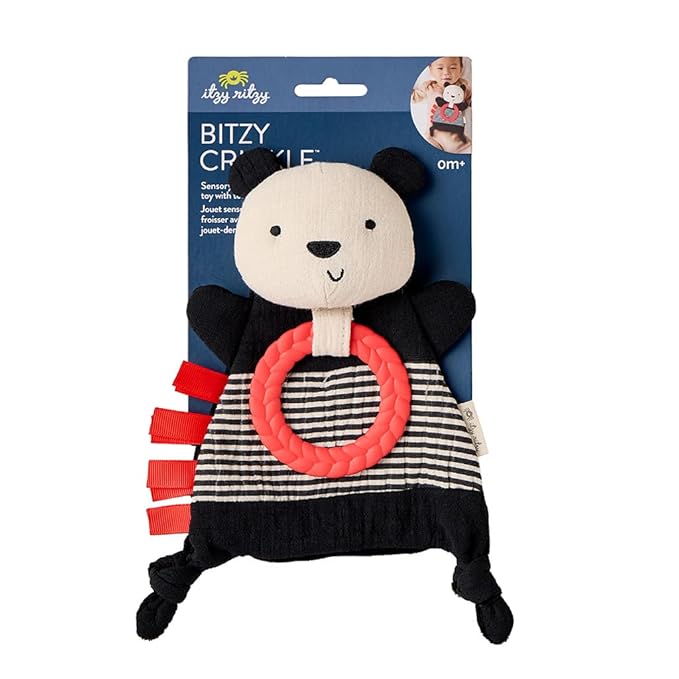 Itzy Ritzy - Bitzy Crinkle Sensory Toy Panda with Crinkle Sound for Babies & Toddlers - Features Soft Braided Teething Ring & Textured Ribbons, Designed for Ages 0 Months and Up, Panda