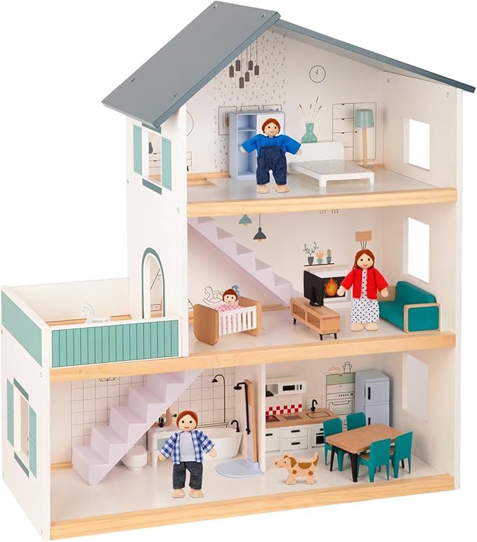 OOOK Wooden Dollhouse for Kids, Doll House with Simulated Luxury Furniture Set, Dollhouse Playset for Girls Toddlers (Including 4 Family Dolls and a Dog)