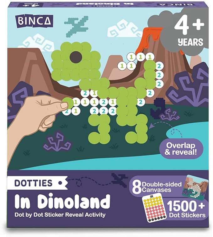 BINCA Dotties Dot Art Activity Kit, 1500+ Stickers, 8 Dinosaurs Mess-Free Activities, DIY Dot Sticker Art for Toddlers, Kids Travel Activities, Craft Kits & Gifts for Girls Ages 4,5,6,7