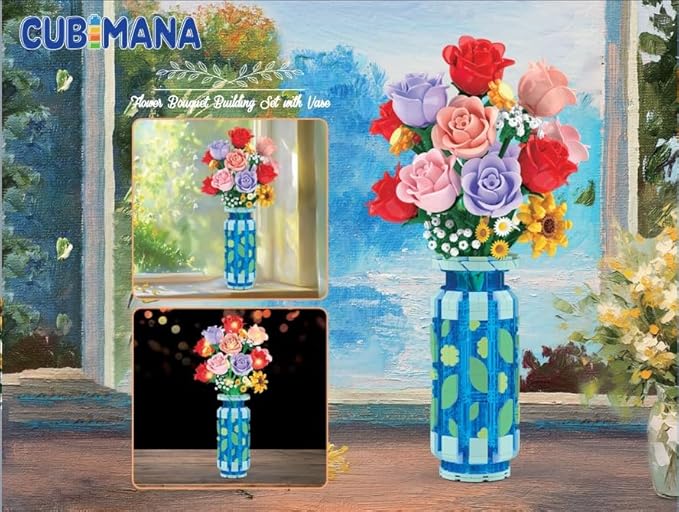 Roses Flowers Building Set with Vase & LED Light, Mother's Day 16 Mini Flowers Bouquet Botanical Building Blocks Toy, Birthday Gifts for Adults, Artificial Flowers for Home Decor & Display