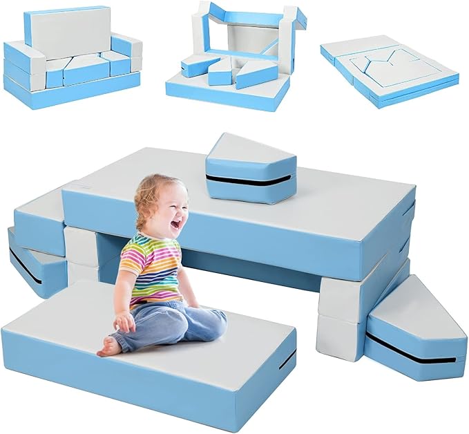 Costzon Climb and Crawl Foam Playset, 4-in-1 Convertible Furniture Into Toddler Bed, Sofa, Table, Activity Play Blocks, 8-Piece Lightweight Couch for Kids, Baby, Preschooler (Contemporary)