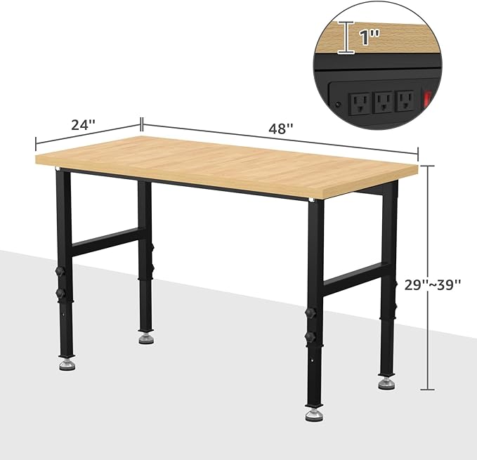 48" Adjustable Workbench,Heavy-Duty Work Table,3000 LBS Load Capacity Particleboard Hardwood Workstation Outlets with Fixed feet,for Workshop, Garage