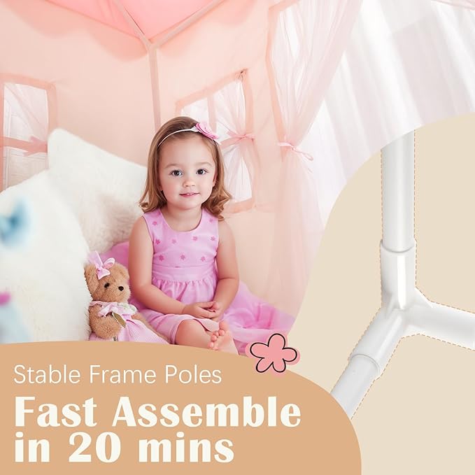 Kids Play Tent with Non-Slip Mat, Star String, Decorating Flag, Machine Washable Large Playhouse, Indoor and Outdoor Play Tent for Kids, Pink, 47" x 40" x 52"