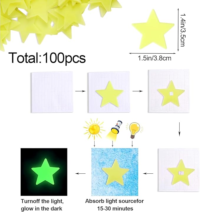 AM AMAONM 100 Pcs Yellow Glow in The Dark Luminous Stars Fluorescent Noctilucent Plastic Wall Stickers Murals Decals for Home Art Decor Ceiling Wall Decorate Kids Babys Bedroom Room Decorations