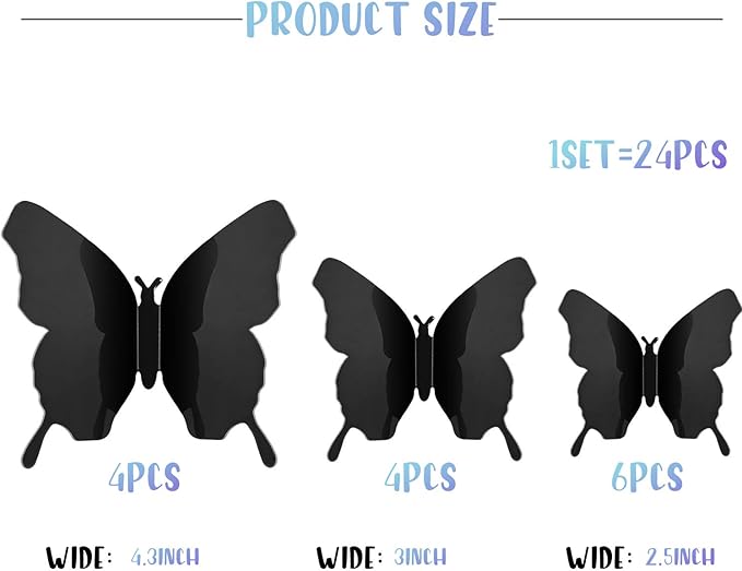 BBTO 48 Pieces Butterfly Wall Decor DIY Mirror 3D Butterfly Stickers Removable Decals for Home Bedroom School Bathroom Living Room Decor(Black)